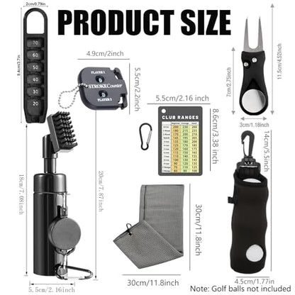 7Pcs Golf Accessories Kit, Include Golf Club Cleaner Towel Ball Bag Divot Tool Score Counter Range Chart Card Tee Elevator