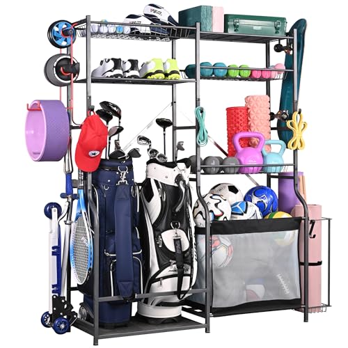 PLKOW Golf Storage Ball Rack Garage Organizer, 2 Golf Bag Organizer and Other Sports Equipment Organizer for Garage, Extra Large Size Sports Storage Rack for Garage - color: Black, 66.3"Lx15.7"Wx66.1"H