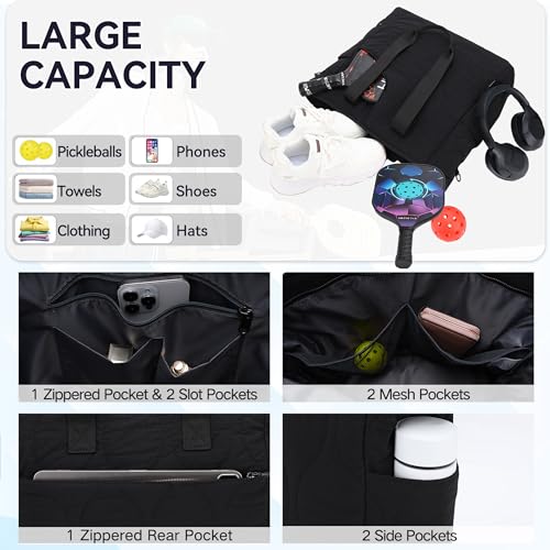 VASCHY Pickleball Tote Bags For Women With Fence Hook, Quilted Puffer Pickleball Paddle Holder Case Gym/Sports Tote - color: Black