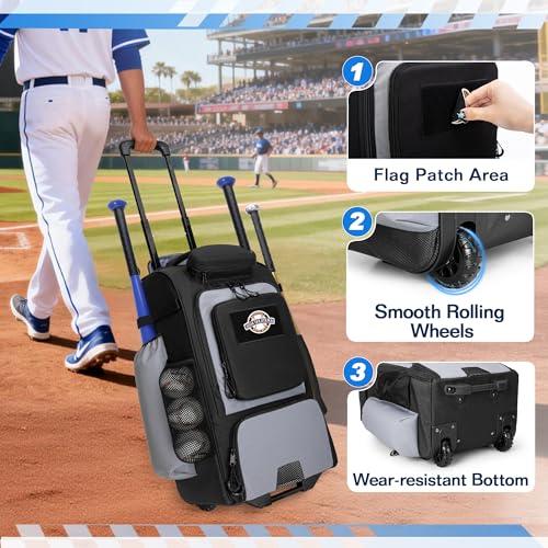 GOBUROS Rolling Baseball Backpack with Wheels, Softball Catchers Equipment Bag Holds 4 Bats, Roller Baseball Backpack with Shoe Compartment and Multiple Pockets for Baseball Gear with Fence Hooks