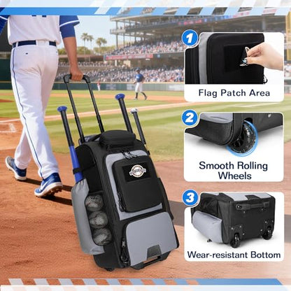 GOBUROS Rolling Baseball Backpack with Wheels, Softball Catchers Equipment Bag Holds 4 Bats, Roller Baseball Backpack with Shoe Compartment and Multiple Pockets for Baseball Gear with Fence Hooks