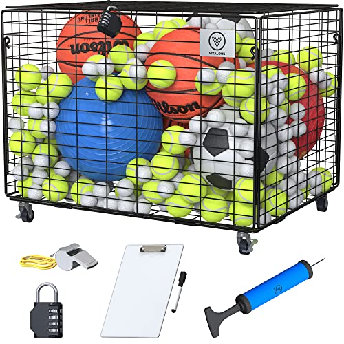 Ball Cart – Rolling Storage, Lockable Lid, Ball Cage for Garage or Gym, Sports Equipment Organizer, Multi Ball Storage, Metallic, Indoor and Outdoor