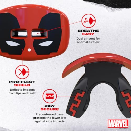 Marvel Deadpool Lip Guard, Football Mouth Guard with Detachable Strap, Lip Protector Adults and Junior, Football & Lacrosse (One Size, Red)