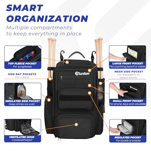 Rolling Baseball Bag with Wheels, 70L Large Capacity Baseball Backpack with Hidden Shoulder Strap, Sturdy Softball Bag with Multi-Pockets, Shoe Compartment, Fence Hooks for Players, Coaches - color: Black