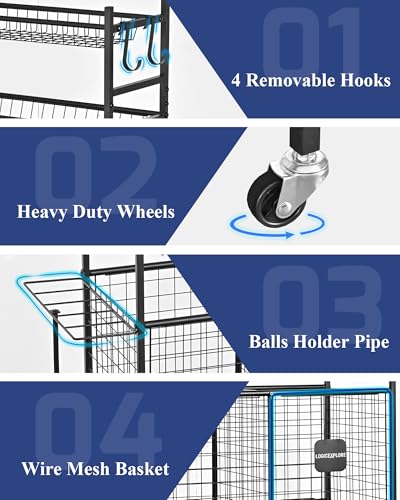 Sports Equipment Storage Organizer Rack with Rolling Wheels, Garage Ball Storage Cart for Basketball, Soccer, Baseball, Heavy-Duty Metal Sports Rack for Garage, Home, School Gym