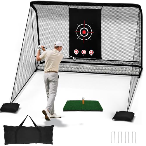 10x7ft Golf Hitting Practice Net for Real Golf Balls, Heavy Duty Driving Training Cage with Reinforced 7-Layer Mesh & Mat, Portable Backyard Net for Indoor Outdoor to Improve Your Swing