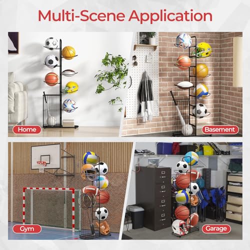 GYMAX Sports Equipment Organizer, Basketball Rack 7-Tier with Removable Hanging Rods, Side Ball Basket, Adjustable Foot Pads, Sports Organizer for Garage, Toy Organizer