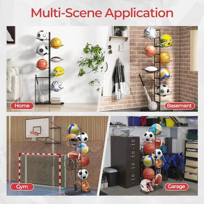 GYMAX Sports Equipment Organizer, Basketball Rack 7-Tier with Removable Hanging Rods, Side Ball Basket, Adjustable Foot Pads, Sports Organizer for Garage, Toy Organizer