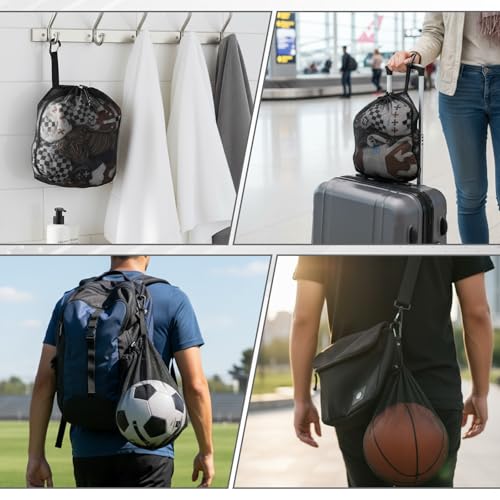 Single Mesh Ball Bag with Zipper Pocket Ball Storage Bags with Double Hook Portable Drawstring Sling Back Bag for Carrying Basketball Football Volleyball Soccer Rugby, Fits All Kinds of Backpacks