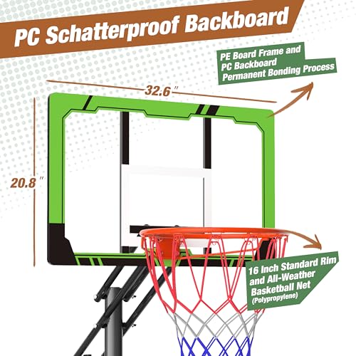 Basketball Hoop Outdoor with 33 Inch Shatterproof Backboard, Portable Basketball Goal System - style: 4.0-8.5FT (Green)