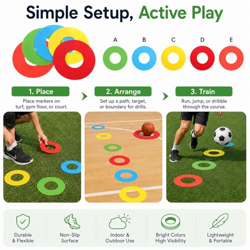 5 Pcs Flat Cone Spot Markers, Non-Skid 8 Inch PVC Field Dots in 5 Colors, Low-Profile Training Discs for Soccer, PE Class, Speed Agility Drills