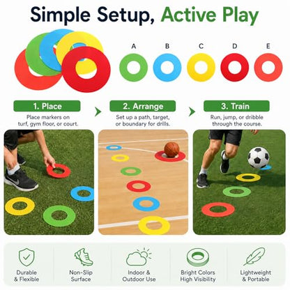 5 Pcs Flat Cone Spot Markers, Non-Skid 8 Inch PVC Field Dots in 5 Colors, Low-Profile Training Discs for Soccer, PE Class, Speed Agility Drills