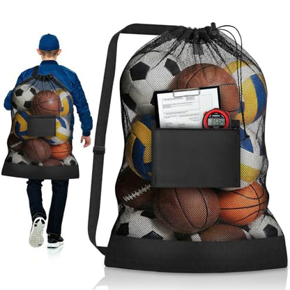 Heavy Duty Soccer Ball Net Bag, Extra Large Sports Ball Bag Mesh(Holds 10-12 balls), 40" x 30" Drawstring Mesh Ball Bag with Pocket for Gym, Beach, Fabrics, Basketball, Volleyball, Swimming Gear