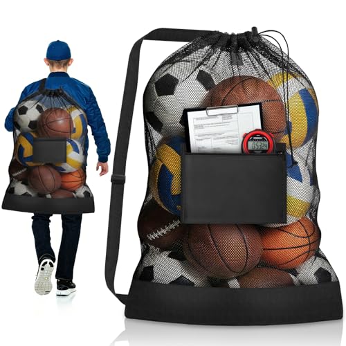 Heavy Duty Soccer Ball Net Bag, Extra Large Sports Ball Bag Mesh(Holds 10-12 balls), 40" x 30" Drawstring Mesh Ball Bag with Pocket for Gym, Beach, Fabrics, Basketball, Volleyball, Swimming Gear