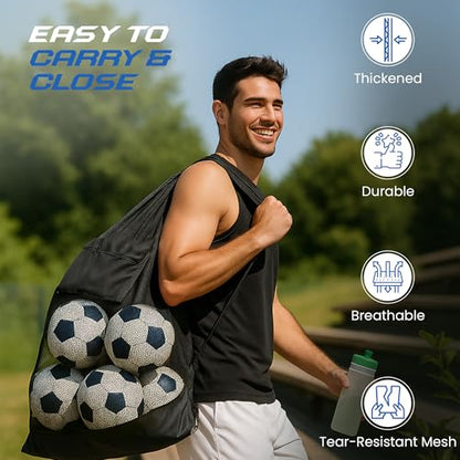 Heavy Duty Mesh Sports Equipment Bag, Large Capacity Ball Storage with Adjustable Shoulder Strap, Waterproof Pocket, Black