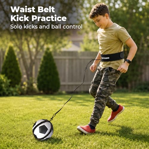 2-in-1 Soccer Kick Trainer for Kids & Youth, Handheld Touch Practice and Waist Belt Solo Kicking, Adjustable Ball Strap with Handle Cord, Fits Size 4 & 5 Balls, Ball Not Included