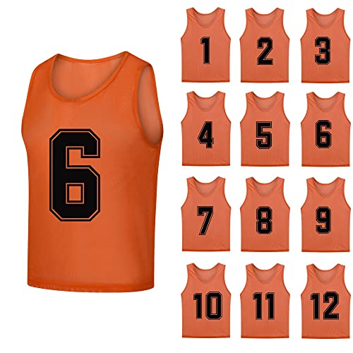 12 Pack（1-12） Numbered Pinnies/Soccer Training Bibs/Basketball Jerseys for Kids,Youth and Adults - color: 1-12 Orange, size: Large