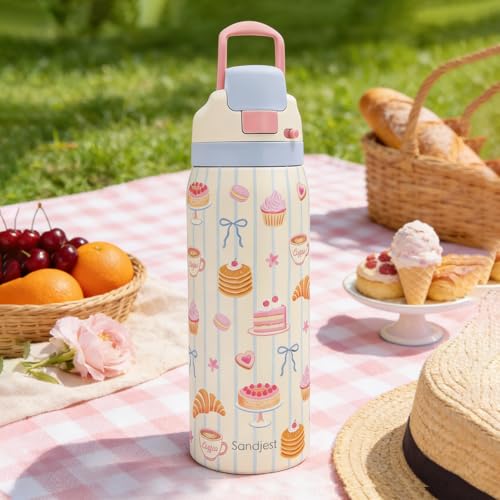 Desserts Stainless Steel Water Bottle, Vacuum Insulated, Push-Button Lid, 32 oz, Gifts for Women Girls Friends Teens Birthday Christmas - color: Dessert