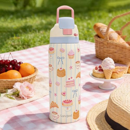 Desserts Stainless Steel Water Bottle, Vacuum Insulated, Push-Button Lid, 32 oz, Gifts for Women Girls Friends Teens Birthday Christmas - color: Dessert