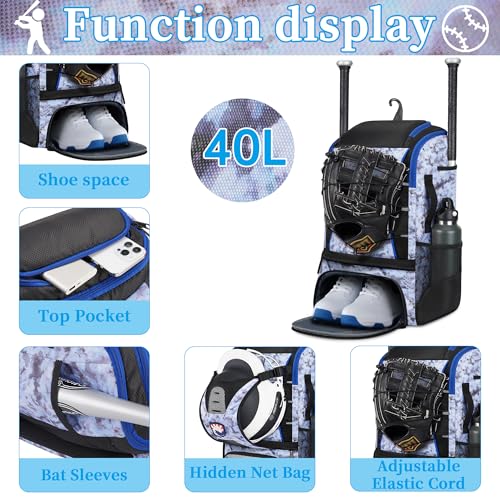 VBK Softball Bag for Girls,Kids Baseball Bag,Baseball Backpack for Boys,Tball Bag,Softball Equipment with Shoes and Ball Compartment - color: Blue