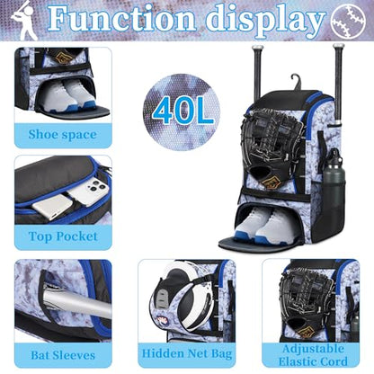 VBK Softball Bag for Girls,Kids Baseball Bag,Baseball Backpack for Boys,Tball Bag,Softball Equipment with Shoes and Ball Compartment - color: Blue