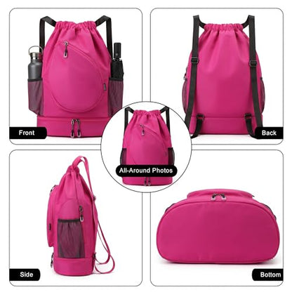 Sports Drawstring Backpack, Badminton Gym Bag Holds 2 Rackets with Shoe Compartment, Off-work, Everyday & Overnight Weekend - color: Fuchsia