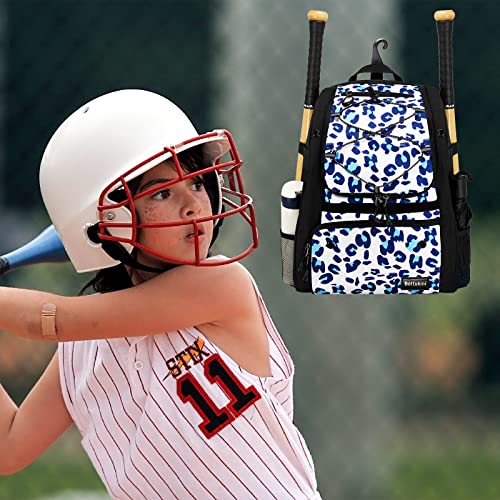 Youth Baseball Bag with Vented Shoe Compartment, Softball Bat Bag for Batting Mitten, Helmet, Teeball Gear - Adult Boys Girls Kids - color: Leo-print