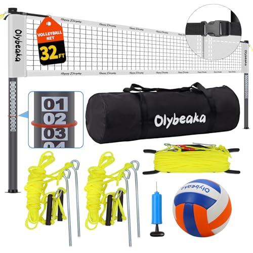 20ft / 32ft Portable Outdoor Volleyball Net Set for Backyard Beach Grass with Heavy Duty 1.25" Adjustable Poles, 28-Ply PE Net, PU Volleyball & Pump, Large Storage Bag - color: White, size: 32ft