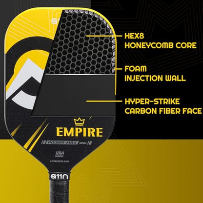 A11N SPORTS Empire Thermoformed Edgeless Pickleball Paddle | Carbon Fiber Face with SuperGrit Texture for Ultimate Spin | Longer Handle for Double-Handed Backhand - style: PowerMax丨Yellow