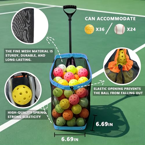 Tennis Ball Hopper, Holds 40+ Pickleballs or 50+ Tennis Balls, Lightweight Durable Steel Frame, Portable Adjustable Ball Picker（Excluding Ball） - color: Blue