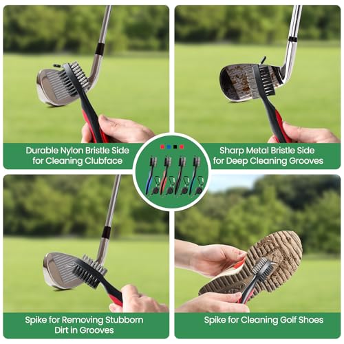 POIKSHARK Golf Club Brush and Club Groove Cleaner with Retractable Zip-line and Aluminum Carabiner Cleaning Tools - color: 4 Pack-Black/Red/Blue/Green