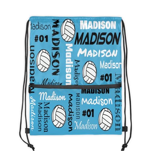Custom Volleyball Style Drawstring Bag, Personalized Sports Ball Backpack Drawstring Sack Cinch Bags for Team Gift Party Favors, Light Blue - color: Dark Pink