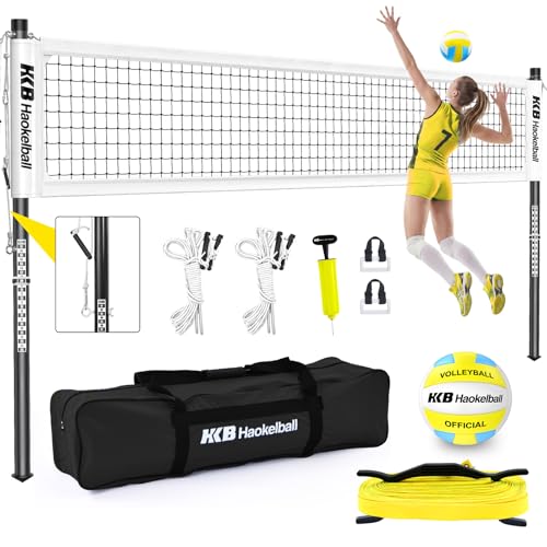 Haokelball Outdoor Volleyball Net Set for Backyard, 32FT Regulation, 3-Level Adjustable Height & Anti-Sag Tension System, Heavy Duty Thick Poles, Includes Volleyball, Pump, Boundary Line and Carry Bag - color: C-White