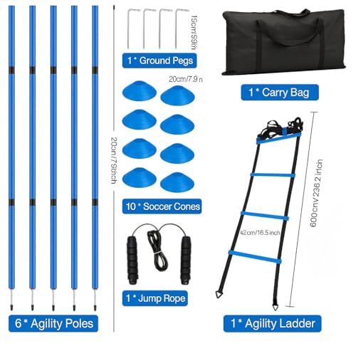 Soccer Agility Training Equipment, 6 Adjustable Soccer Training Agility Poles, 1 Speed Agility Ladder,10 Soccer Agility Cones for Training, 1 Jump Rope + Storage Bag for Youth Soccer Drills