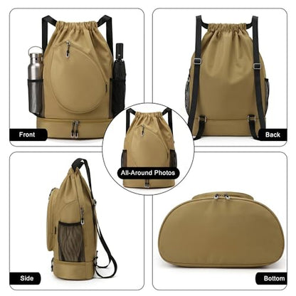 Sports Drawstring Backpack, Badminton Gym Bag Holds 2 Rackets with Shoe Compartment, Off-work, Everyday & Overnight Weekend - color: Khaki
