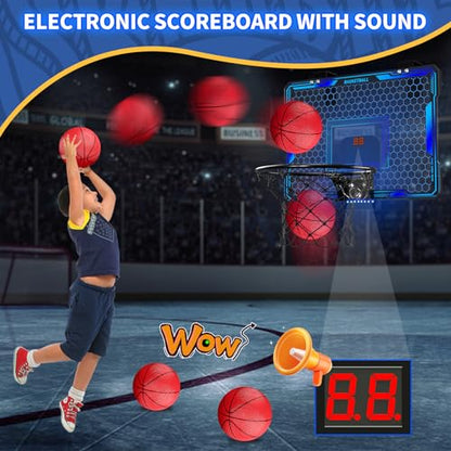 HYES Basketball Hoop Indoor, Mini Basket Ball Hoop with 7 LED Lighting, Scoreboard, Over Door Basketball Hoop with 3 Modes, Volume Adjustable, Foldable, Basketball Toys Gifts for Kids Adults - size: blue- with remote controller