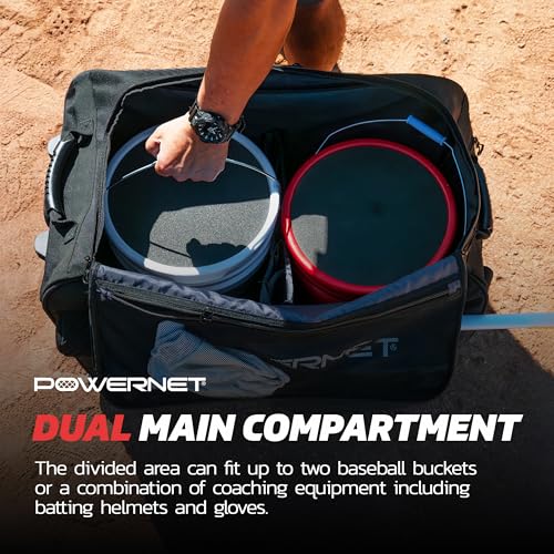 PowerNet Rolling Bucket Bag, Holds 2 6-Gallon Bucket of Baseballs & Softballs, Storage Pockets for Baseball Bat, Gloves & Scoreboards, Fits Launch F-lite Pitching Machine & Balls - style: Pro
