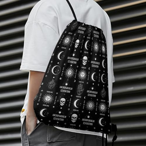 Waterproof Drawstring Bag Gym Sack Sports Backpack for Hiking Swimming Beach Yoga Gear Lightweight Unisex, Skull Moon Sun Gothic Witch Board Seamless Black Bags - color: Picture (358)