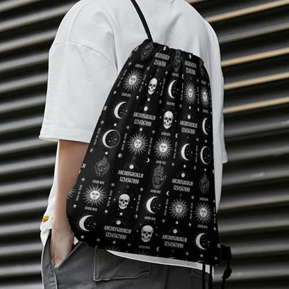 Waterproof Drawstring Bag Gym Sack Sports Backpack for Hiking Swimming Beach Yoga Gear Lightweight Unisex, Skull Moon Sun Gothic Witch Board Seamless Black Bags - color: Picture (358)