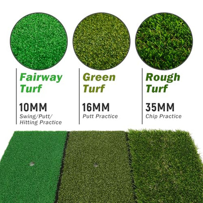 Golf Practice Mat Golf Hitting Mat for Swing, Putting & Chipping | Portable Golf Training Mat Indoor/Outdoor, Dual-Turf/Tri-Turf Golf Mat with 8 Tees