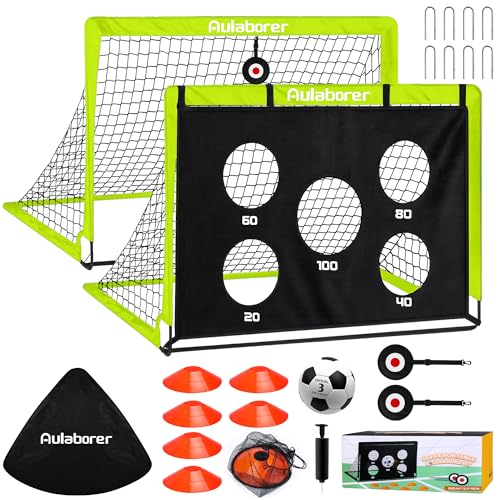 Soccer Goal, 2 Pack of 4x3ft Kids Soccer Goals Set for Backyard, Portable Pop-Up Soccer Net Training Equipment with Ball, Pump, Cones, Targets & Carry Bag for Outdoor Sports & Games - color: Neon Green