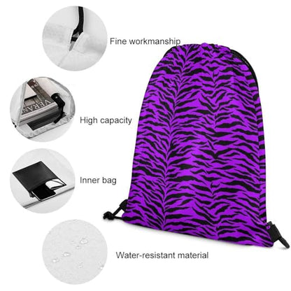 Theft Proof Drawstring Backpack Cinch Sack Water Resistant for Travel Camping Sports Equipment Men Women, Animal Purple Tiger Stripes Art Bags - color: Picture (376)
