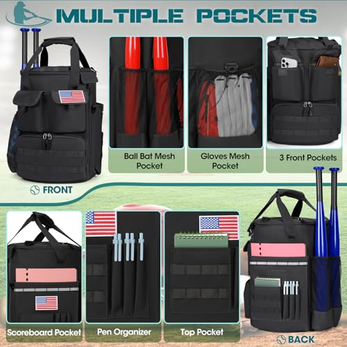 RAINSMORE Baseball Bucket Bag Tactical Baseball Coaches Bag with Insulation Pocket Lightweighht Softball Baseball Bag Backpack for Adult Multiple Pockets for Balls, Bat, Gloves, Scoreboards