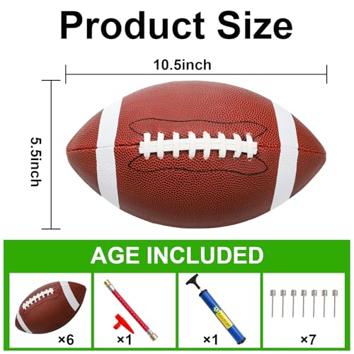 Lawei 6 Pack Youth Footballs, Official Size 6 Composite Leather Football for Junior, Adult, College, High School, Durable Inflatable Footballs with Pump, Indoor Outdoor American Footballs Bulk