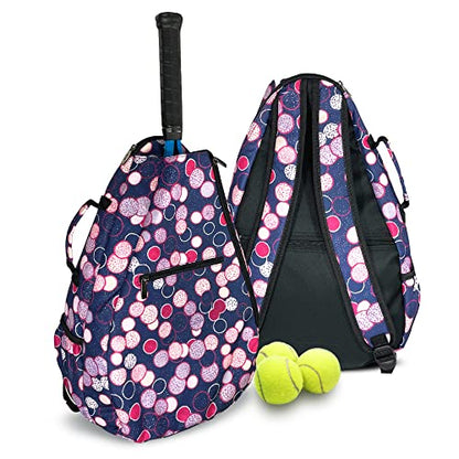 Womens Tennis Backpack - Taboo Fashions Ladies Tennis Bag Holds Two Racquets, Padded Straps and Side Carry Handle - color: Navy Blue, Pink, Purple, White, Polka Dots