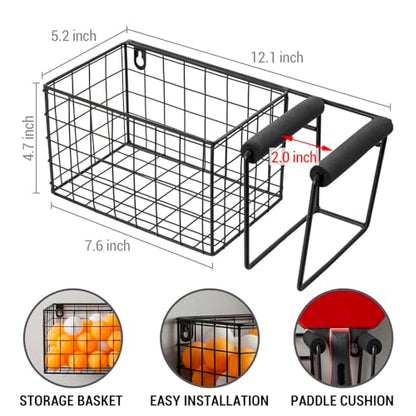 MyGift 12 Inch Wide Table Tennis Equipment Organizer Rack, Wall Mounted Metal Paddle Holder with Ping Pong Ball Storage 5 x 5 Inch Size Basket