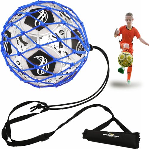 Handle Solo Soccer Kick Trainer with New Ball Locked Net Design, Soccer Ball Bungee Elastic Training Juggling Net (Fits Ball Size 3, 4, 5) - color: Blue