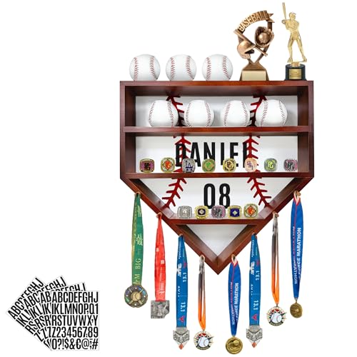 Montex Baseball Display Case, Baseball Holder Display Case, Wooden Baseball Ring Holder, Wall Mount Baseball Display Cases for Balls, Medals and Name Tags (Walnut Color) - color: Walnut Color