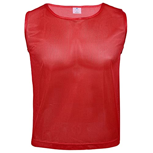 Athllete 12 pcs Duramesh Pinnies/Scrimmage Vest - Kids Youth and Adult Pinnies, Numbered Penny Jerseys for Soccer - color: Red (Set of 12), size: Small
