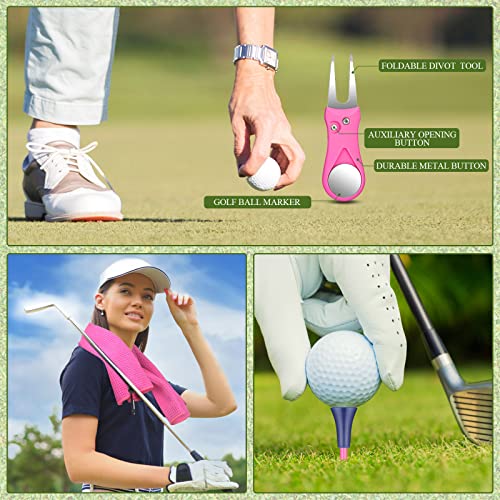 18 Pcs Pink Golf Accessories Kit Include Golf Ball Marker Balls Holder Club Groove Cleaner Brush Divot Repair Plastic Tees Towel with Clip Gift Set for Women